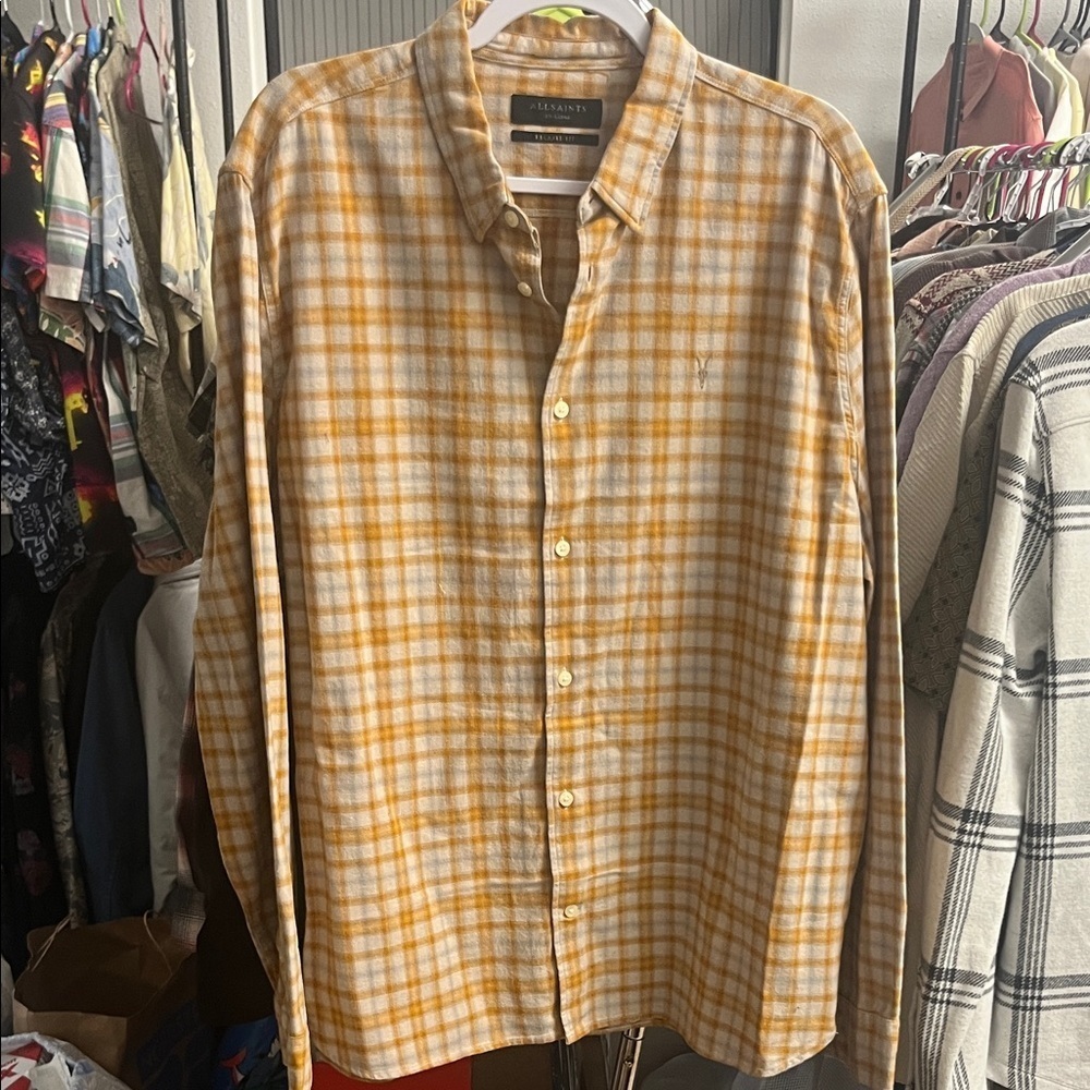 All Saints Men's Sunny Plaid Button-Down Shirt Faded Taupe and Orange